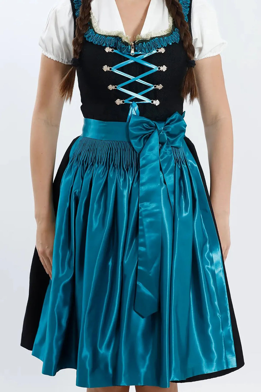 Vroni | Women's Midi Dirndl Dress with Teal Satin Apron - view 3
