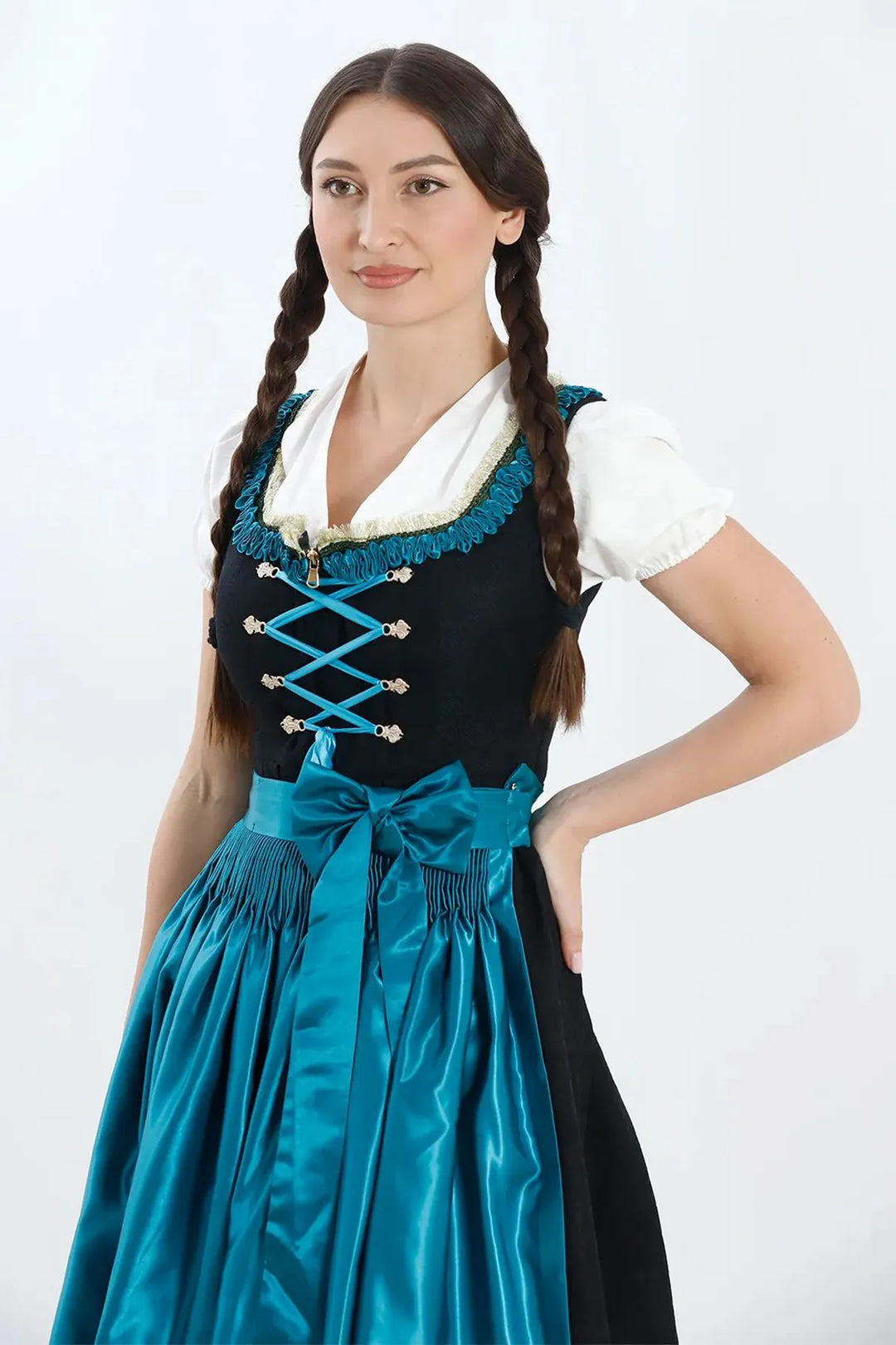 Vroni | Women's Midi Dirndl Dress with Teal Satin Apron - view 4