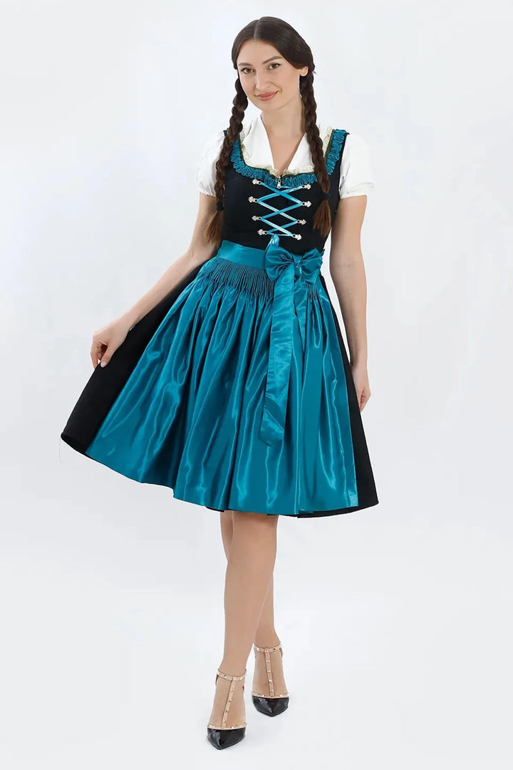 Vroni | Women's Midi Dirndl Dress with Teal Satin Apron - view 5