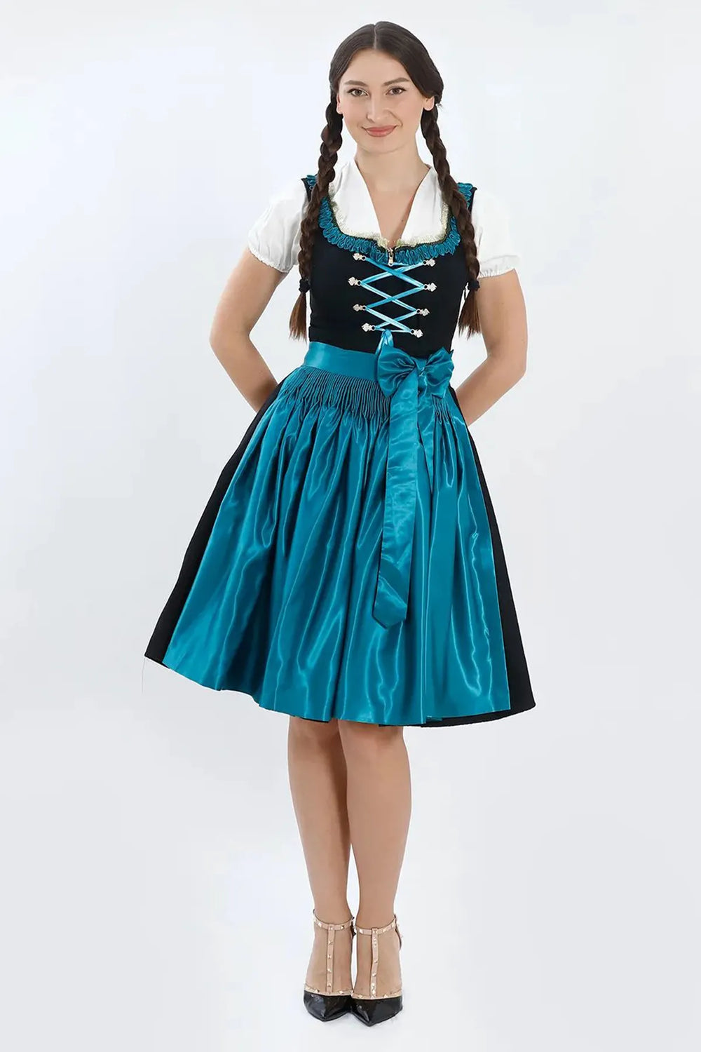 Vroni | Women's Midi Dirndl Dress with Teal Satin Apron - view 1