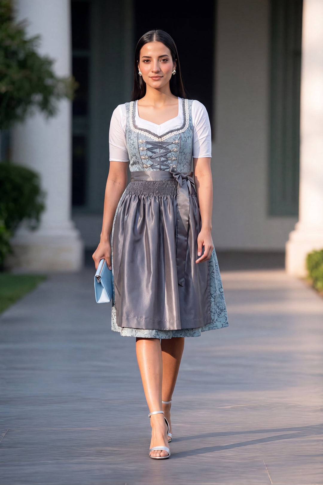 Walburga | Women's Midi Dirndl Dress with Slate Blue Apron - view 1