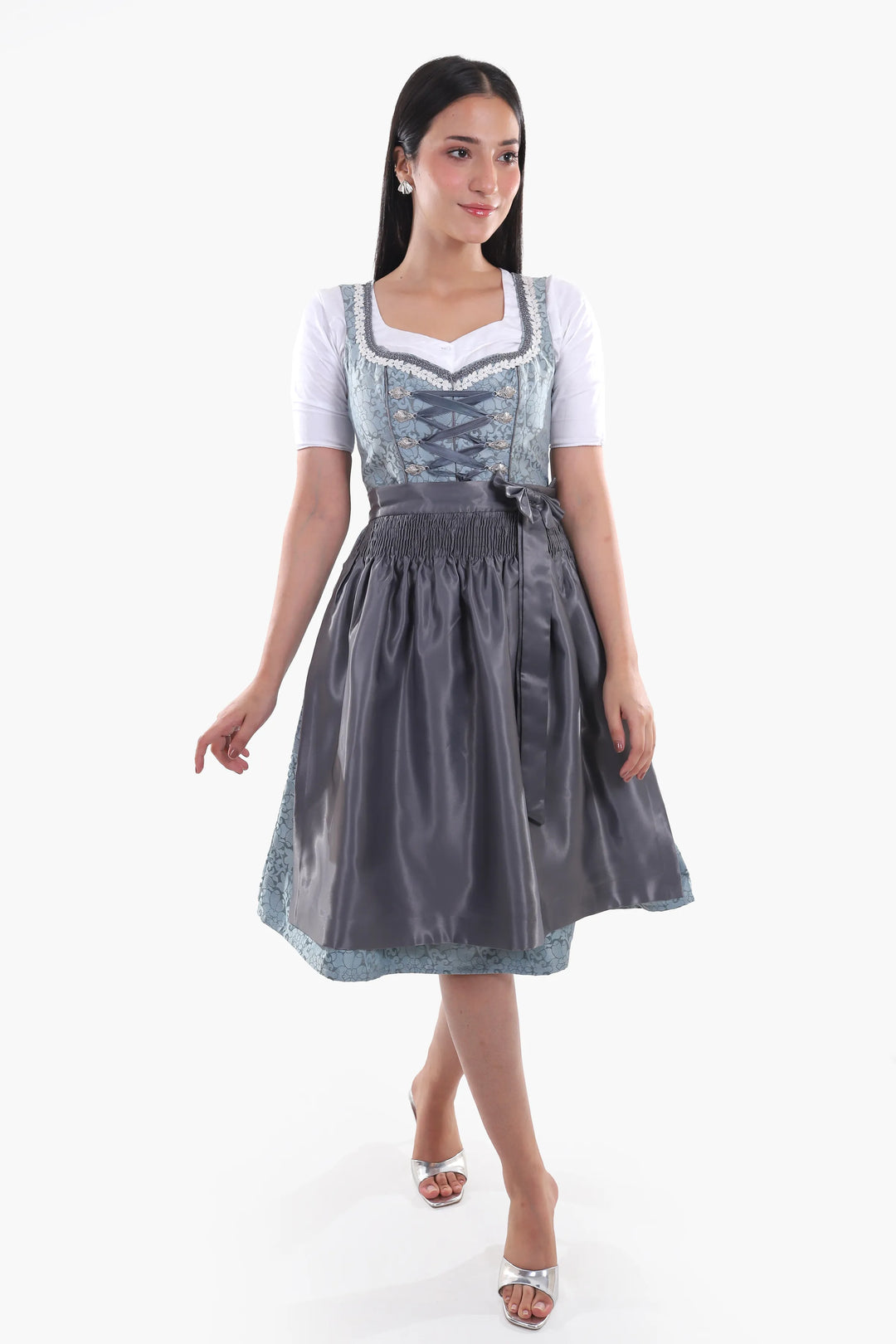 Walburga | Women's Midi Dirndl Dress with Slate Blue Apron - view 2