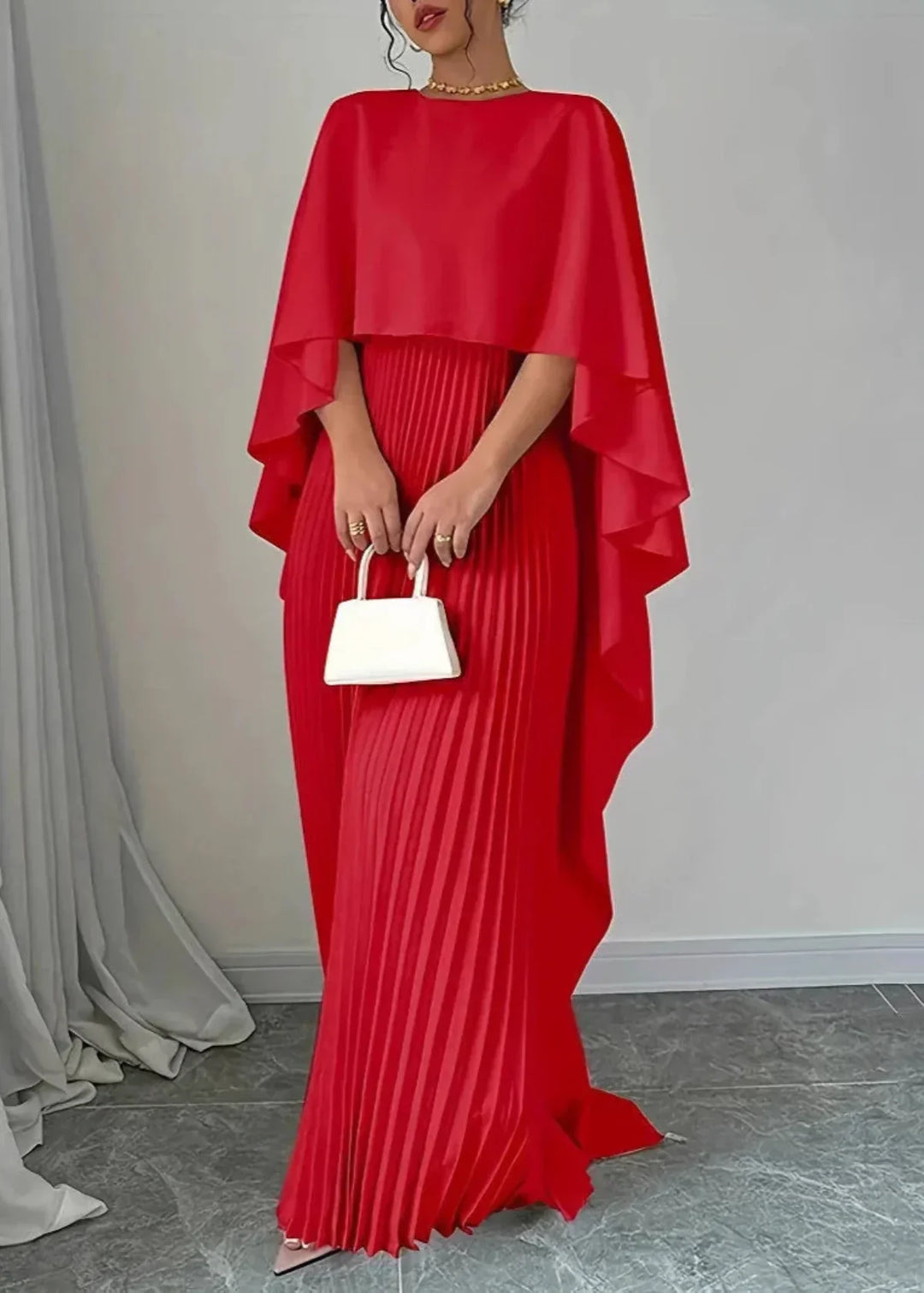 Women's Pleated Cape-Overlay Maxi Dress for Wedding Guests — view 4