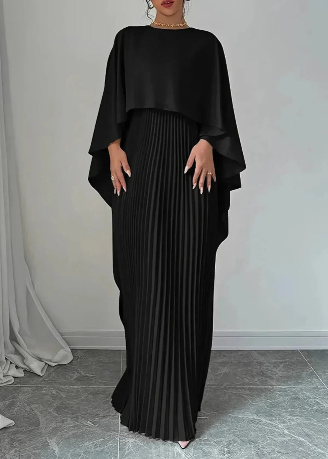 Women's Pleated Cape-Overlay Maxi Dress for Wedding Guests — view 5