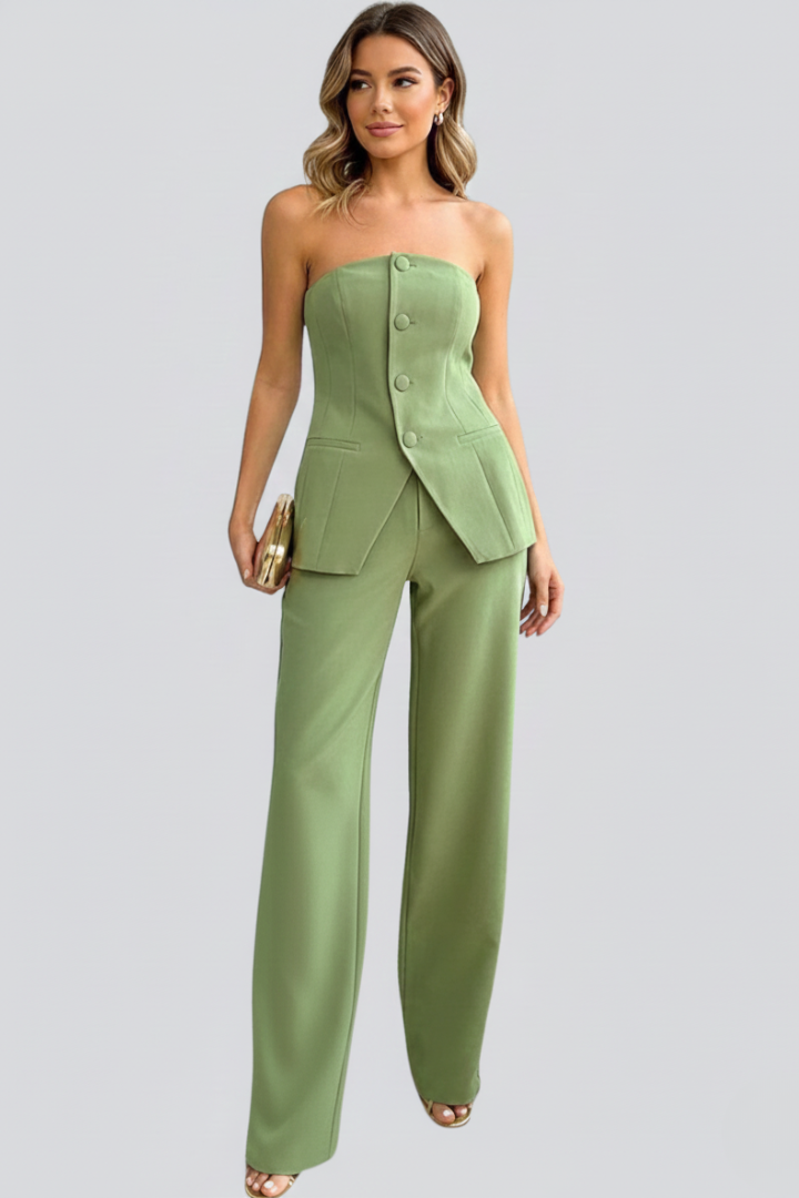 Eliana | Women’s Bustier Set with Wide-Leg Pants and Button Detail
