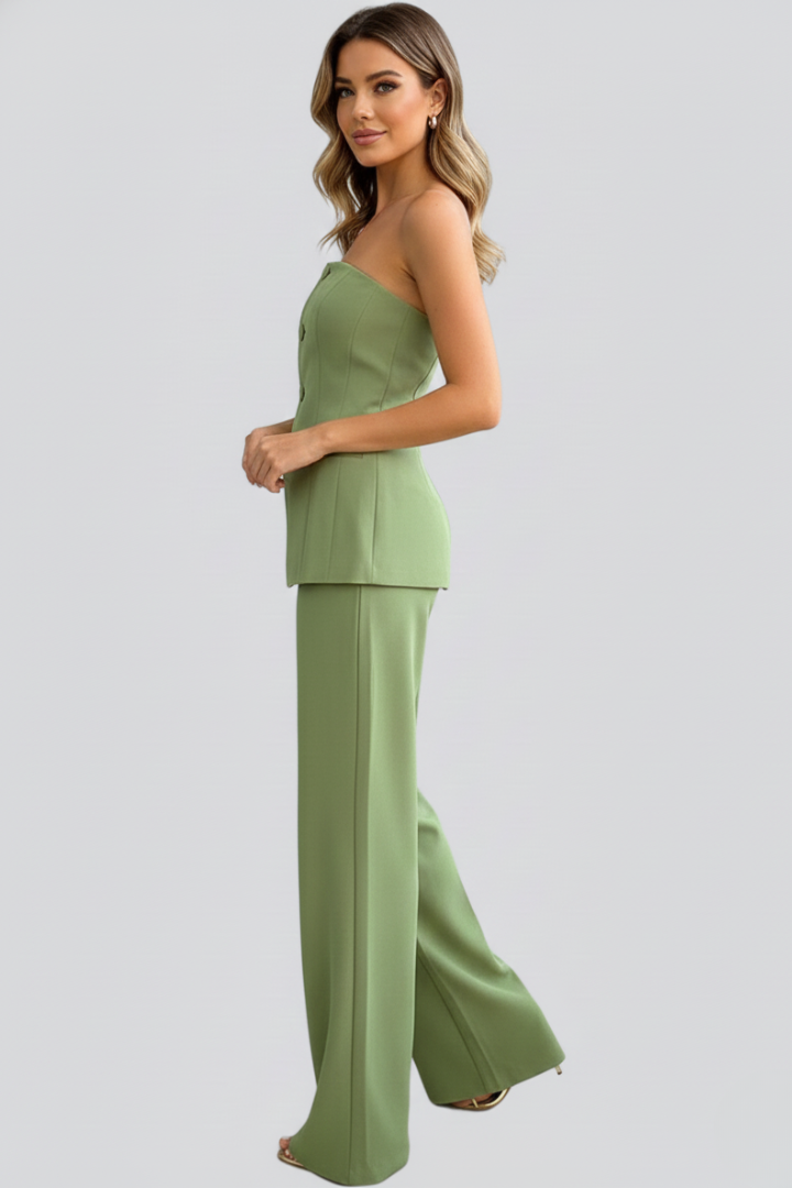 Eliana | Women’s Bustier Set with Wide-Leg Pants and Button Detail