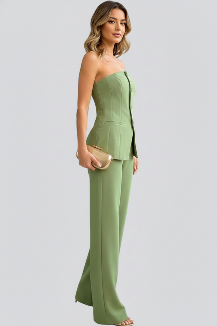 Eliana | Women’s Bustier Set with Wide-Leg Pants and Button Detail