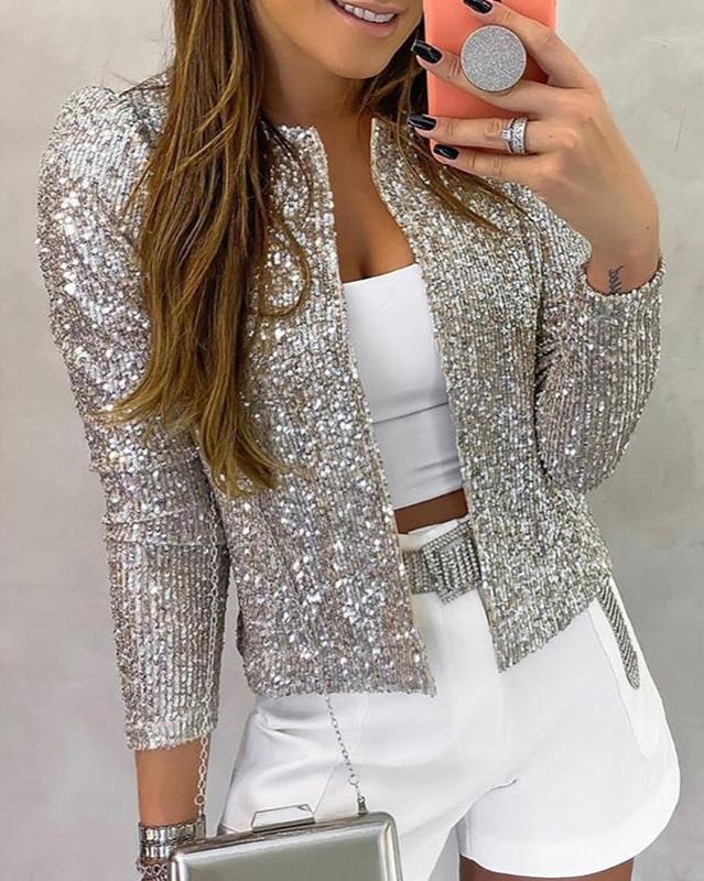 Damen Pailletten-Jacke – Funkelnde Jacke mit Kragen für Abend & Party