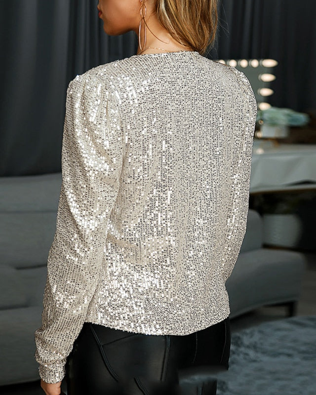 Damen Pailletten-Jacke – Funkelnde Jacke mit Kragen für Abend & Party