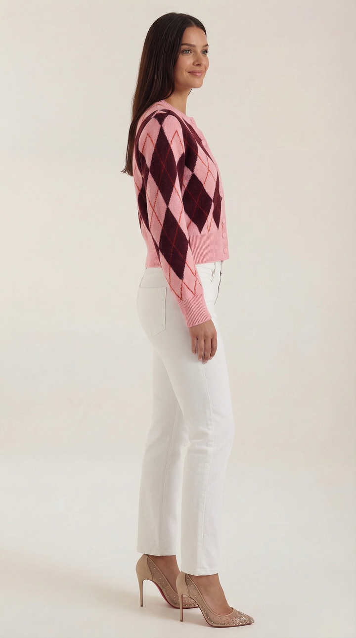 Annelie | Women's Argyle Cropped Button Cardigan