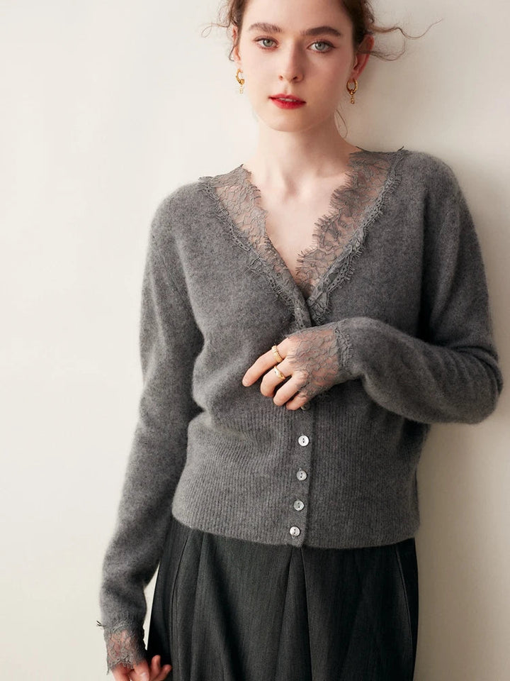 Solenne Fluffy Knit Cardigan with Lace Trim - image 2
