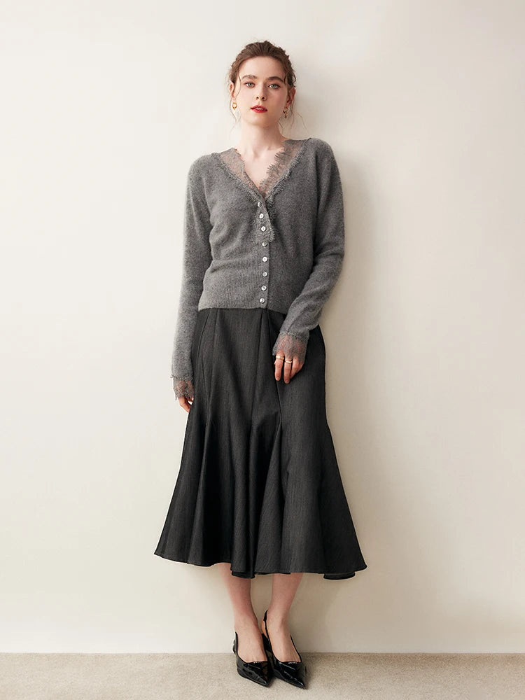Solenne Fluffy Knit Cardigan with Lace Trim - image 4