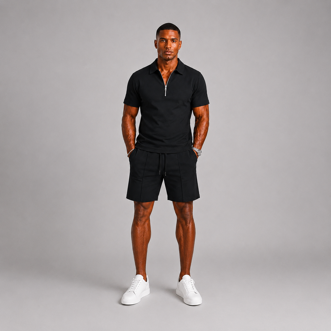 Herren Polo-Set – Zweiteiler mit Zip-Poloshirt & Shorts für den Sommer