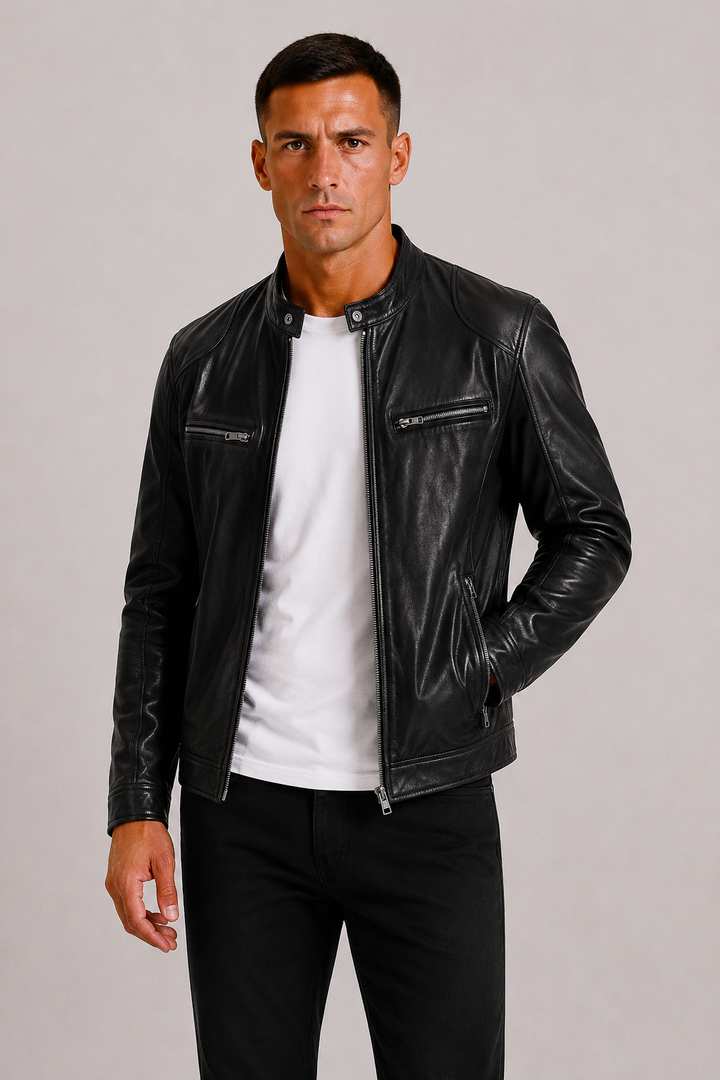 Herre Læder-Look Biker Jakke