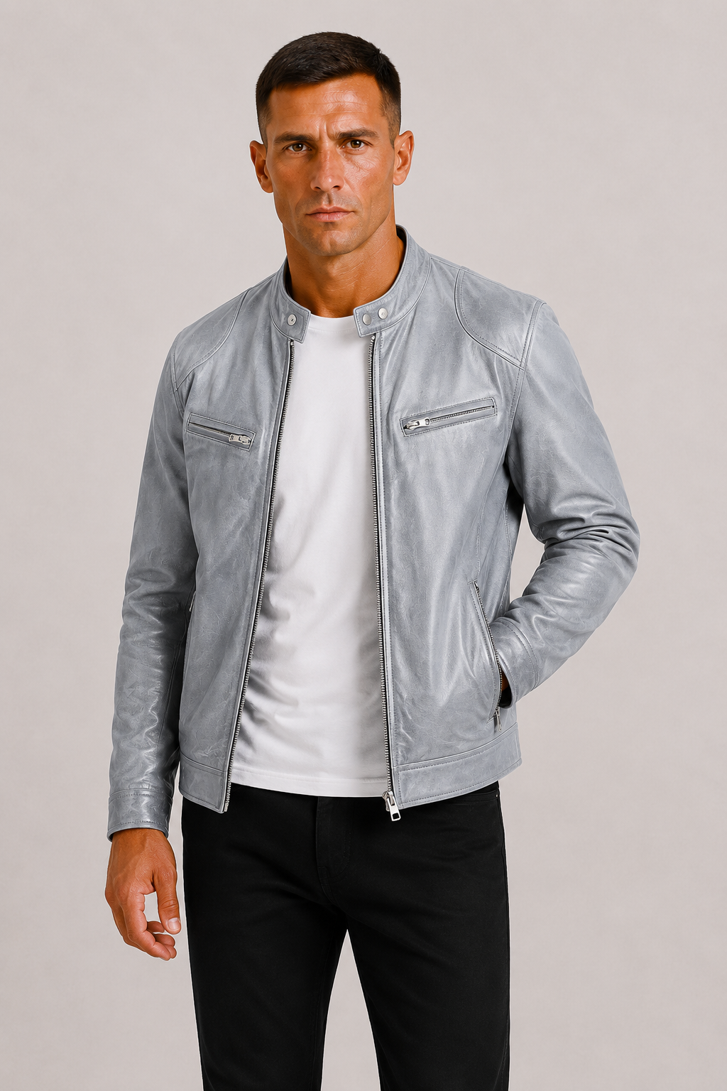 Herre Læder-Look Biker Jakke