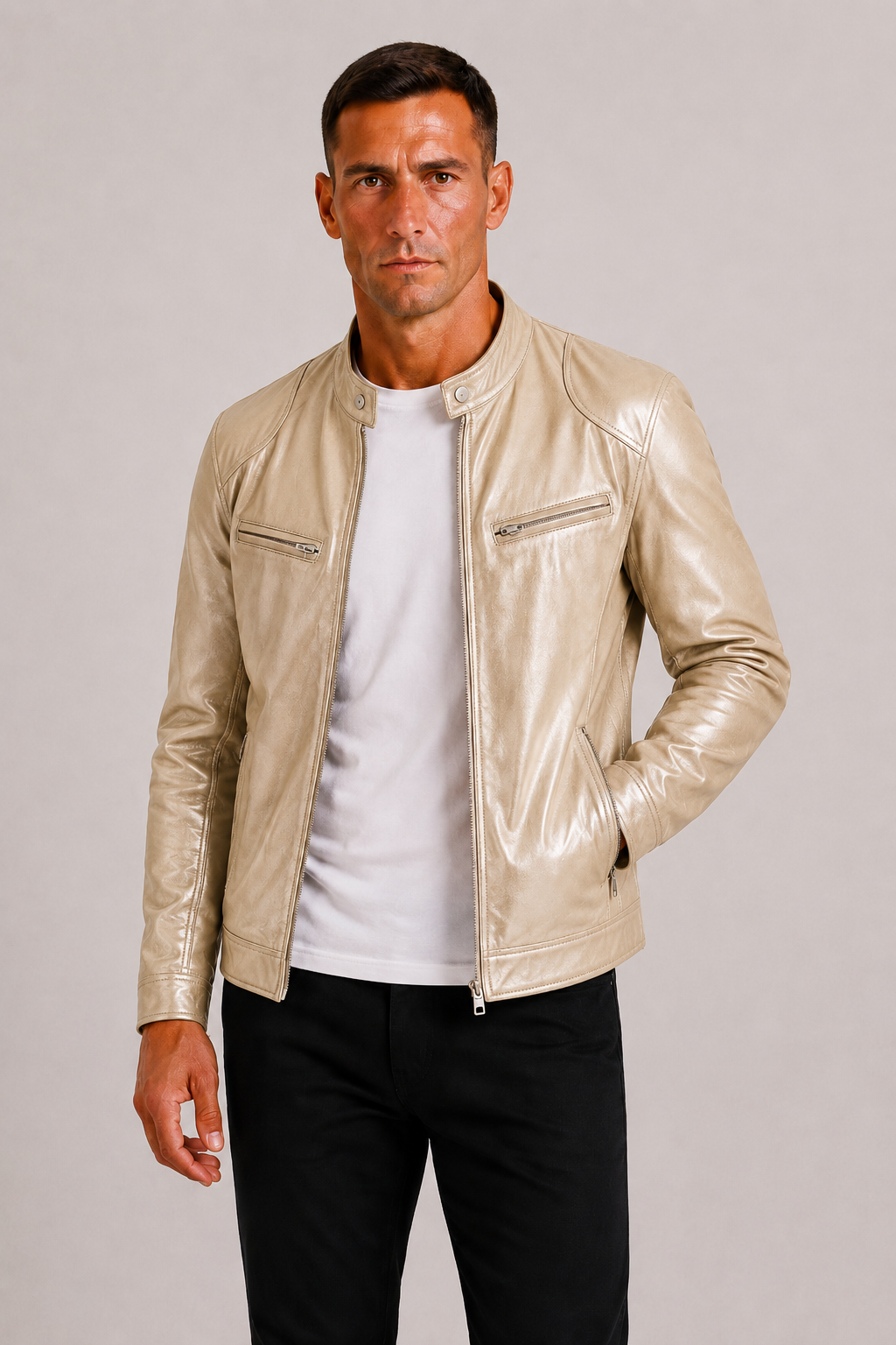 Herre Læder-Look Biker Jakke
