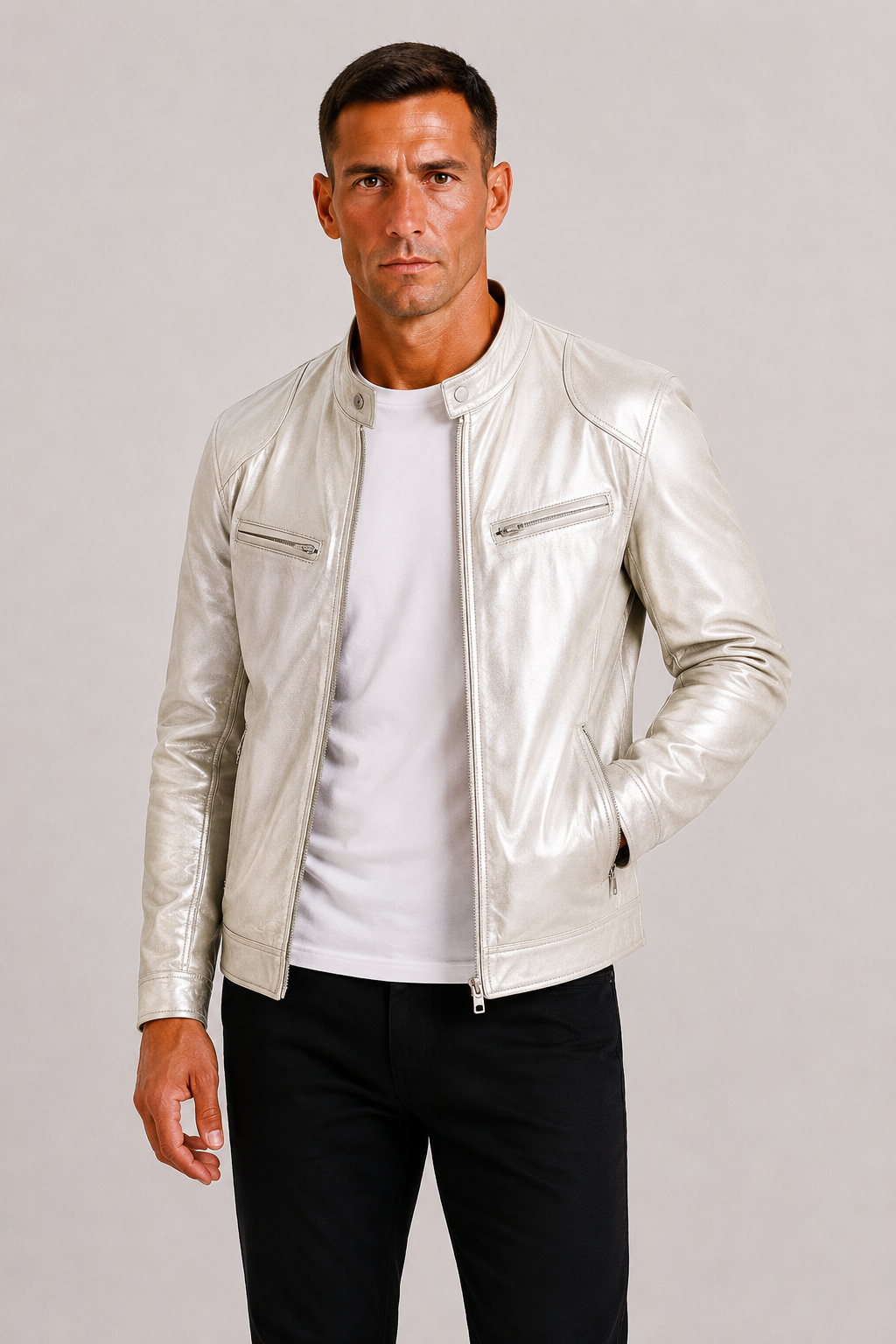 Herre Læder-Look Biker Jakke