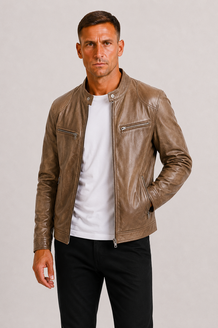 Herre Læder-Look Biker Jakke