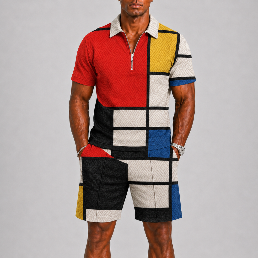 Herre Sommer Set med Zip Polo og Shorts