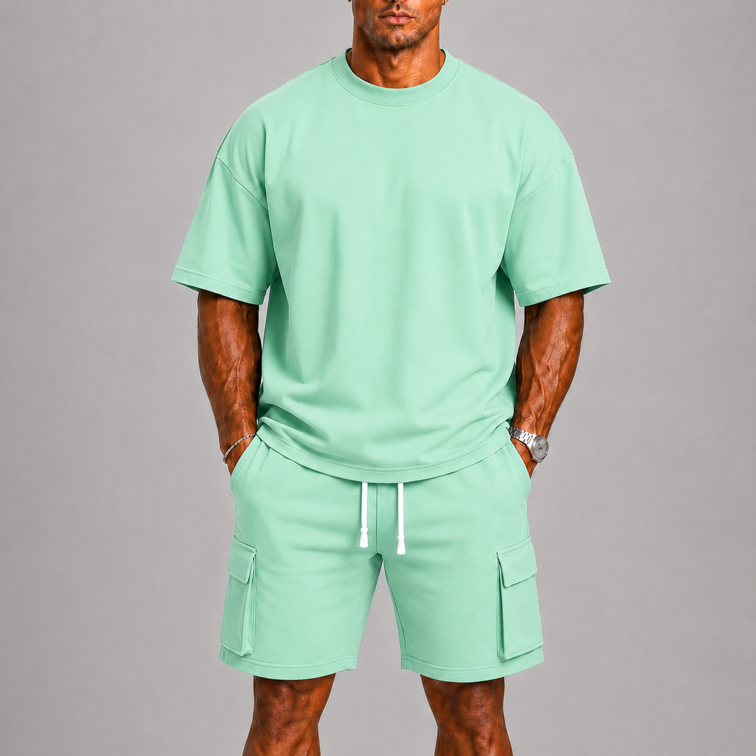 Herre Sporty Sommer Set med Oversized Tee og Cargoshorts