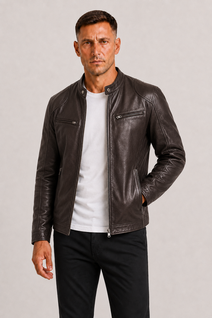 Herre Læder-Look Biker Jakke