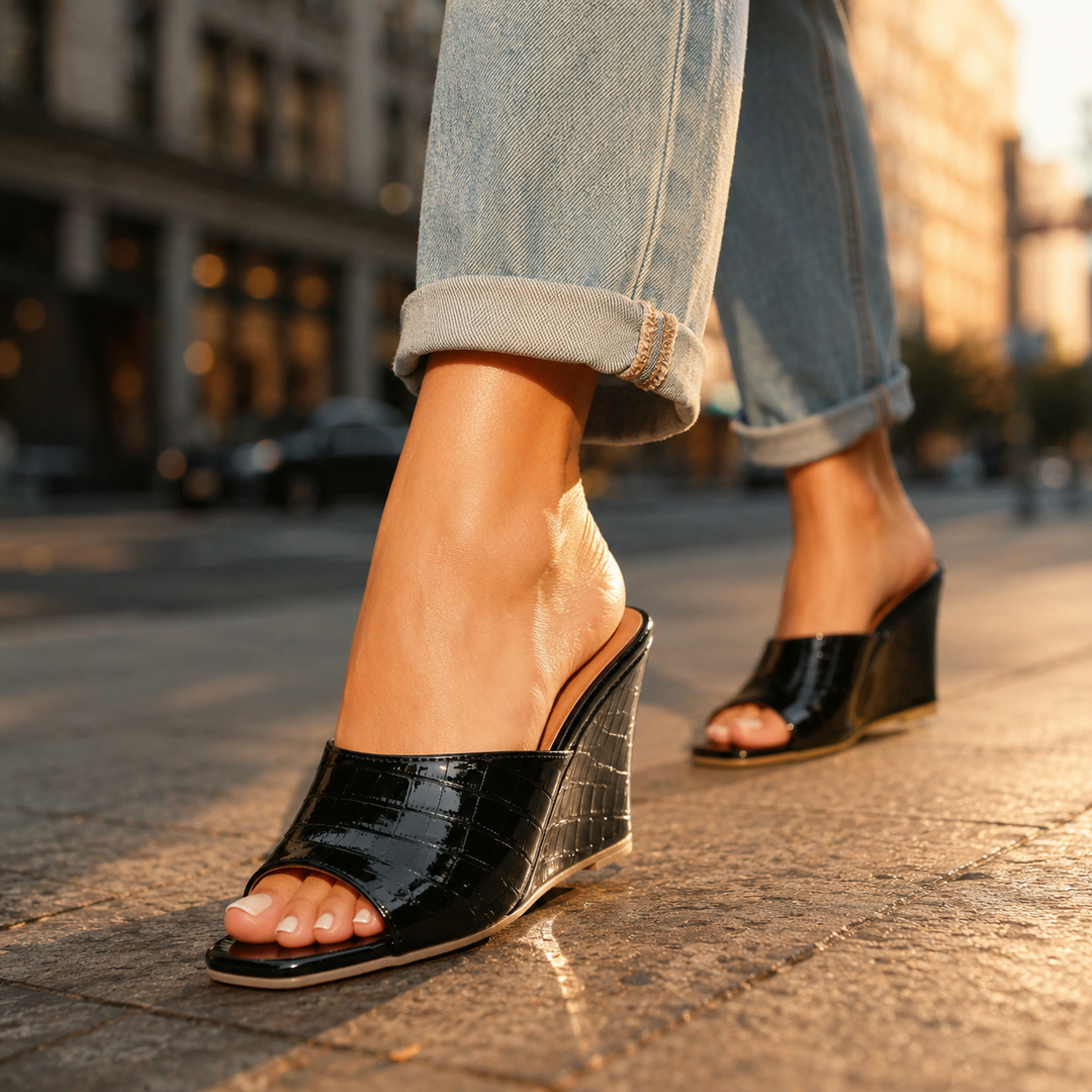 Monroe Leather Embossed Wedge Sandals