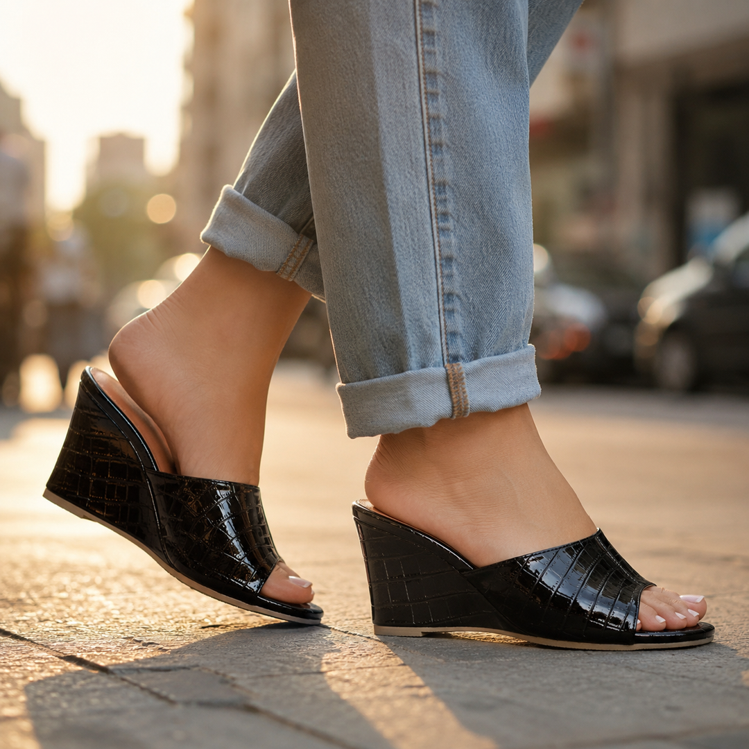 Monroe Leather Embossed Wedge Sandals