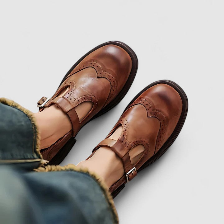 Marnie | Women's Leather T-Bar Brogue Flats image 1