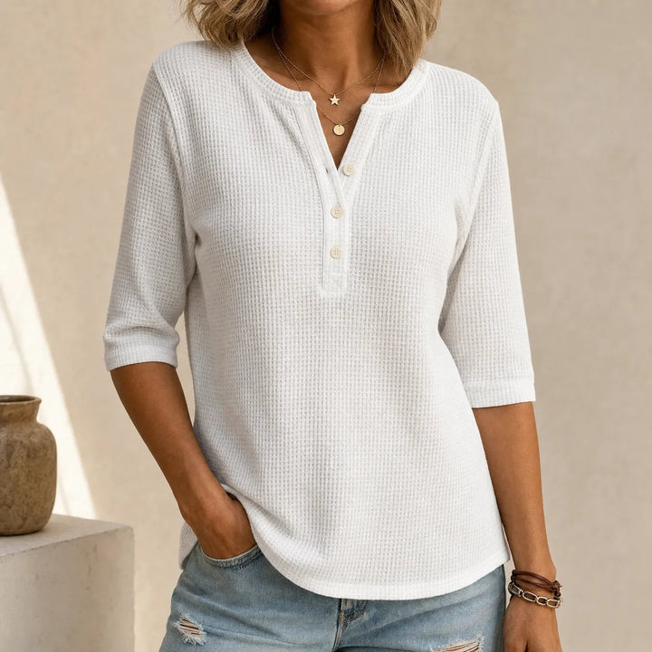 Ilsabet | Women's Waffle Henley Top with 3/4 Sleeves