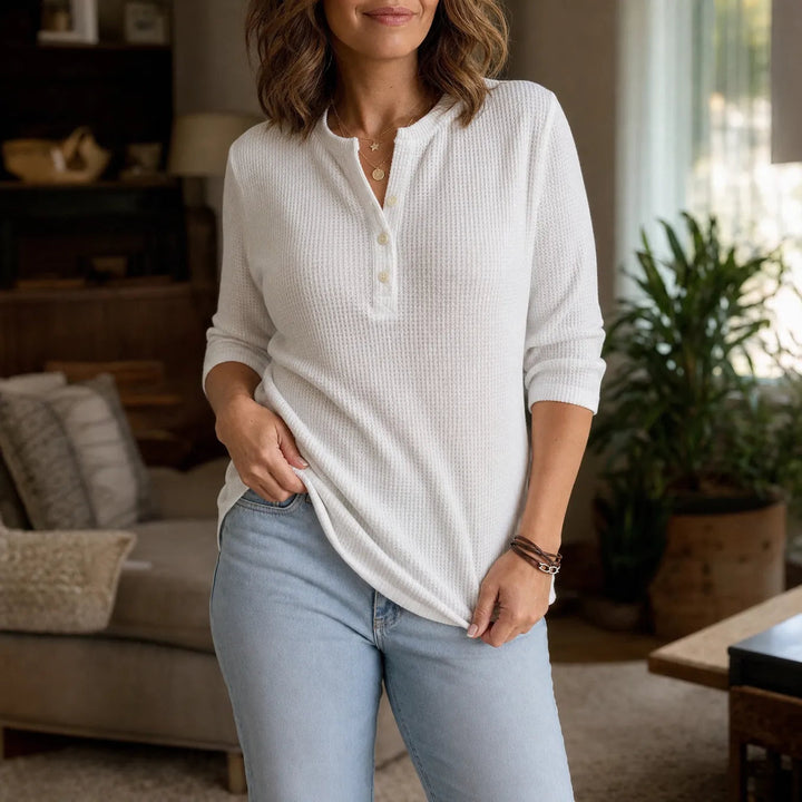 Ilsabet | Women's Waffle Henley Top with 3/4 Sleeves