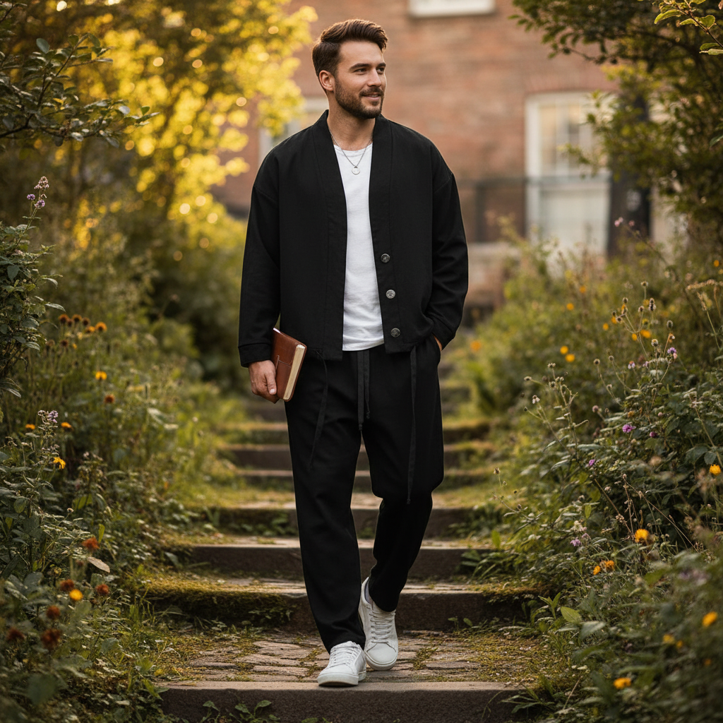 Cassius Men's Collarless Button Jacket and Drawstring Trousers Set - image 6