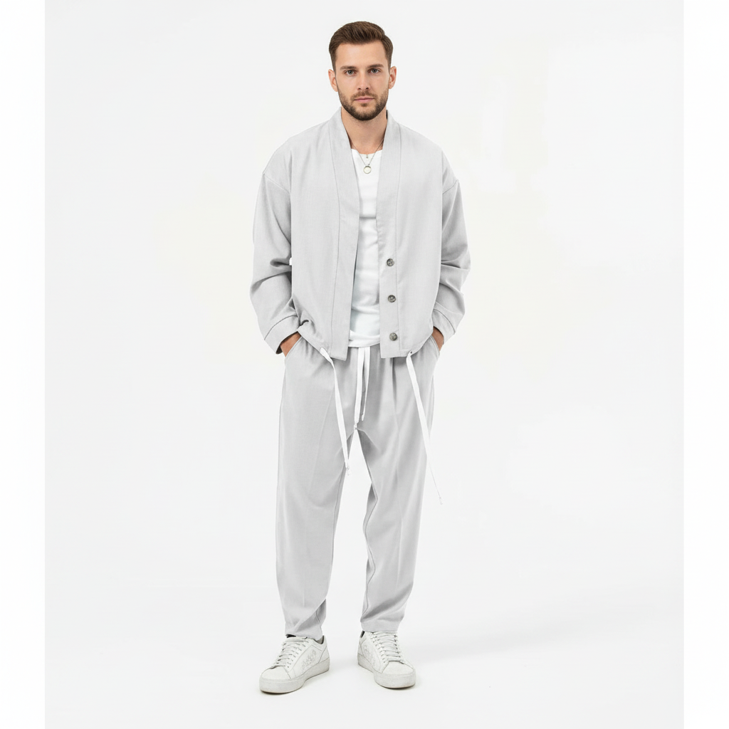 Cassius Men's Collarless Button Jacket and Drawstring Trousers Set - image 4