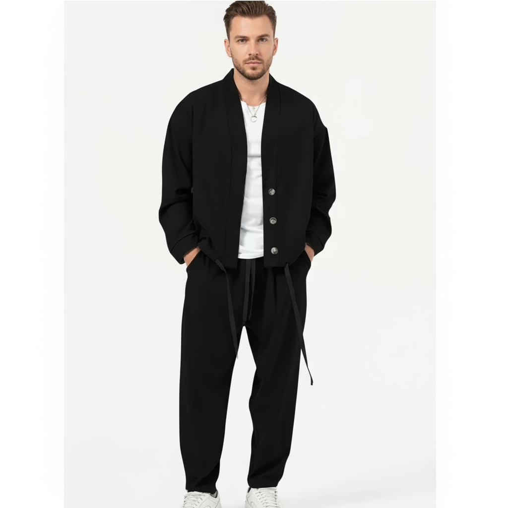 Cassius Men's Collarless Button Jacket and Drawstring Trousers Set - image 1