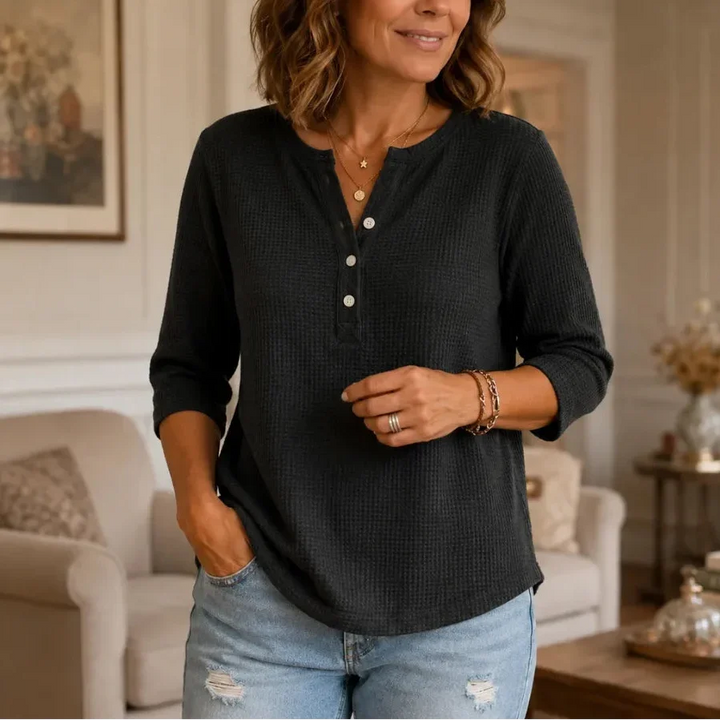 Ilsabet | Women's Waffle Henley Top with 3/4 Sleeves
