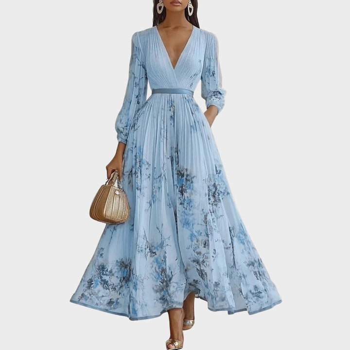 Women's Floral Pleated Tie-Waist V-Neck Maxi Dress for Formal Occasions — view 4