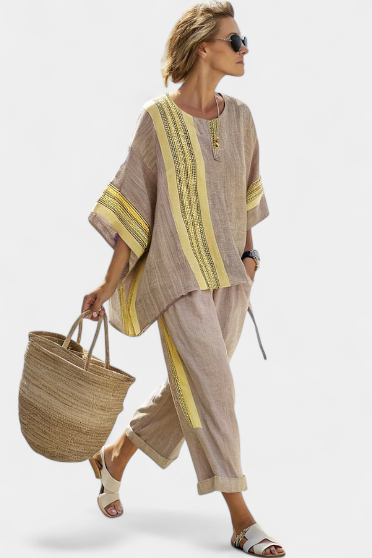 Women's Striped Shift Cape-Overlay Short-Sleeve Midi Dress for the Beach — view 6