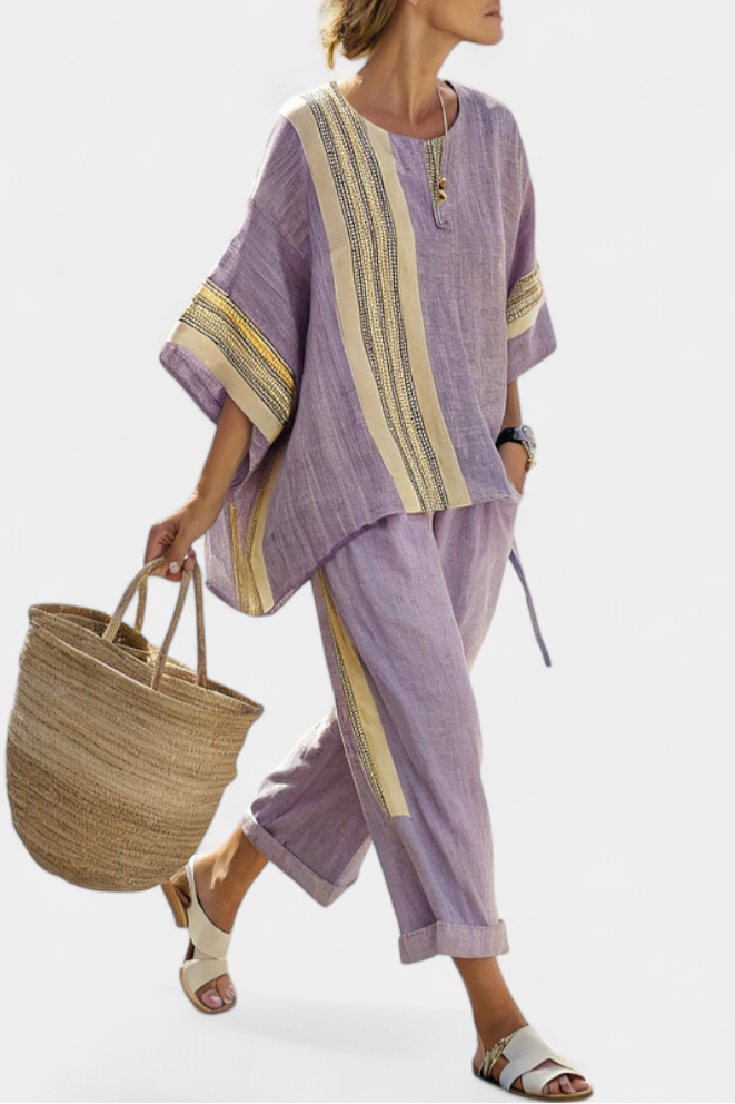 Women's Striped Shift Cape-Overlay Short-Sleeve Midi Dress for the Beach — view 1