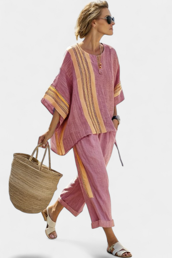 Women's Striped Shift Cape-Overlay Short-Sleeve Midi Dress for the Beach — view 7