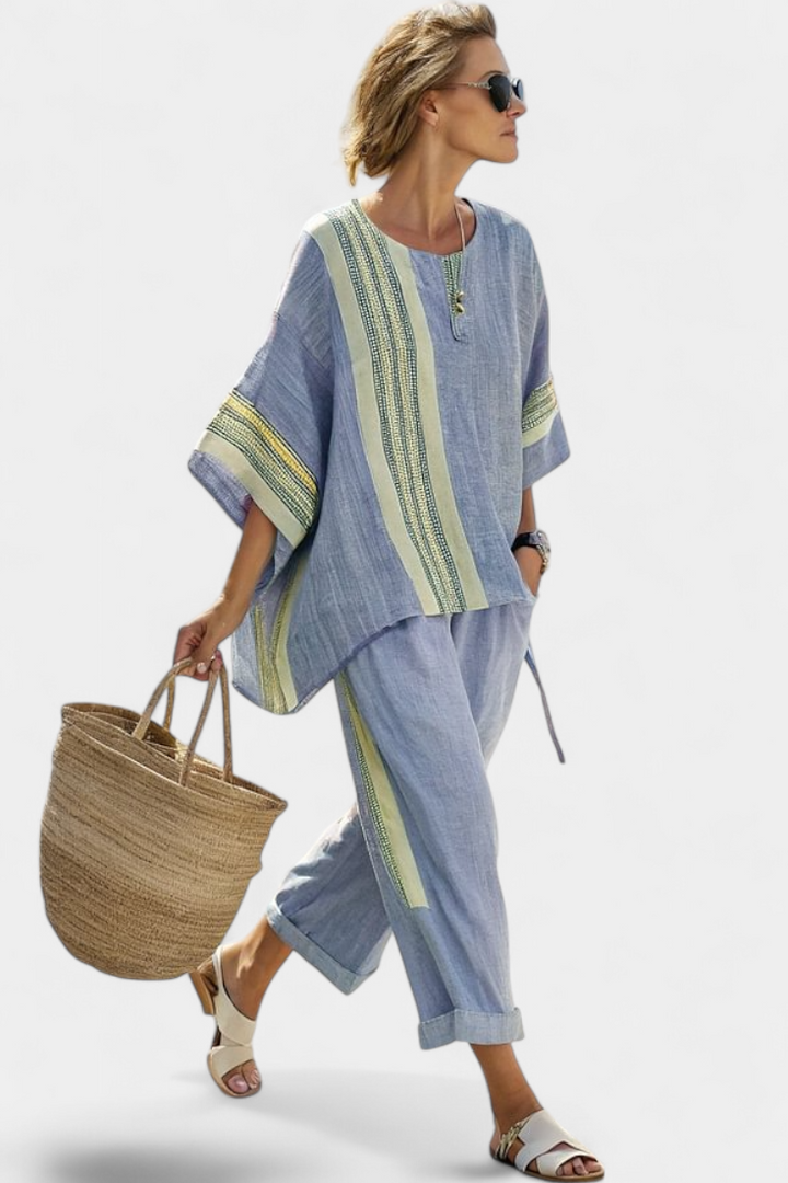 Women's Striped Shift Cape-Overlay Short-Sleeve Midi Dress for the Beach — view 8