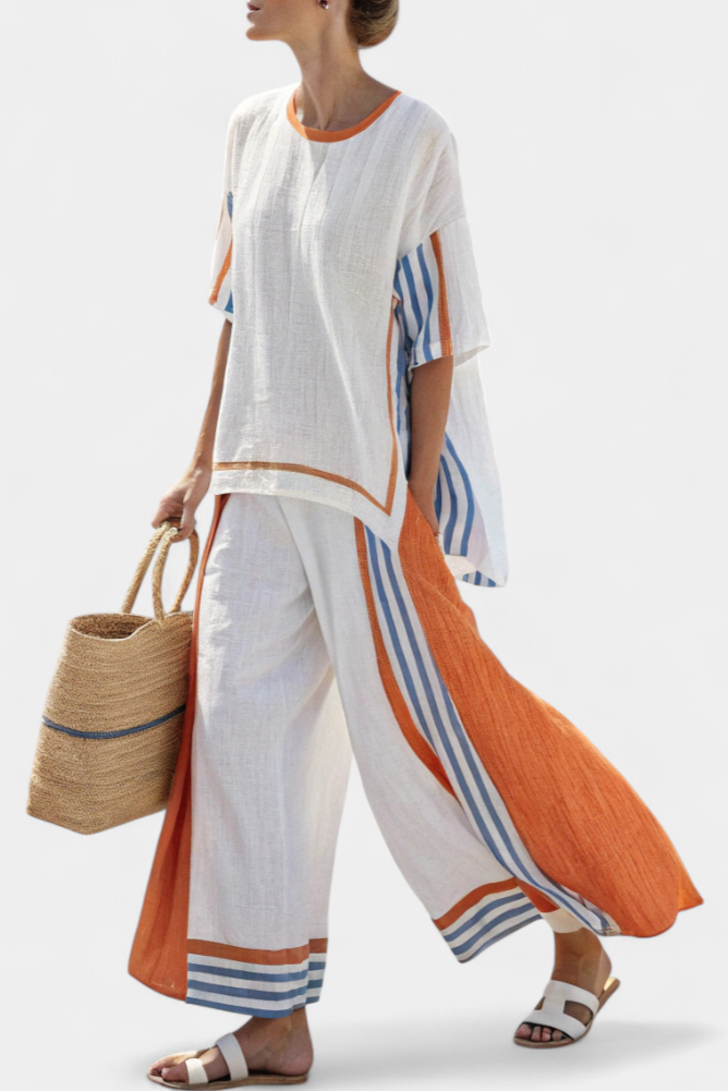 Women's Striped Shift Cape-Overlay Short-Sleeve Midi Dress for Casual Wear in Multi Colored Stripes — view 1