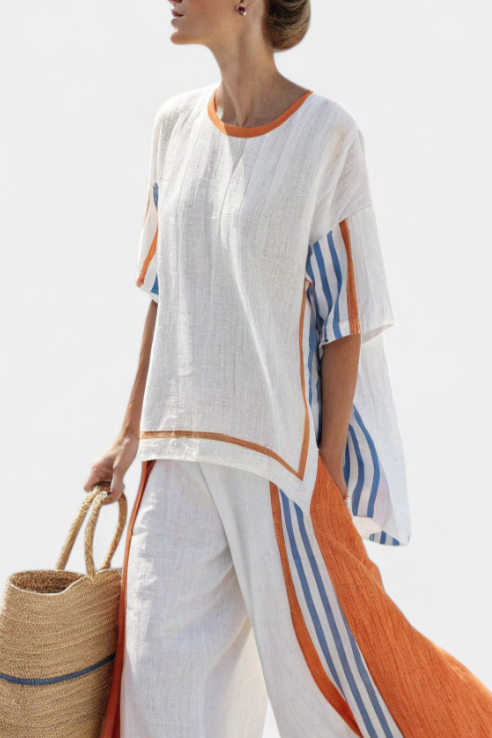 Women's Striped Shift Cape-Overlay Short-Sleeve Midi Dress for Casual Wear in Multi Colored Stripes — view 2
