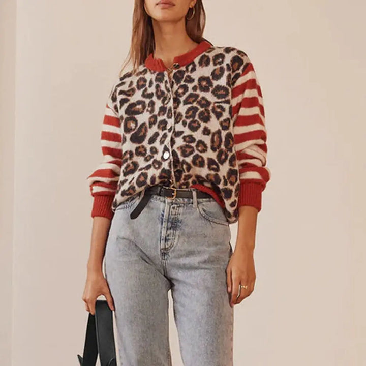 Signe | Women's Leopard Print Crew Neck Cardigan