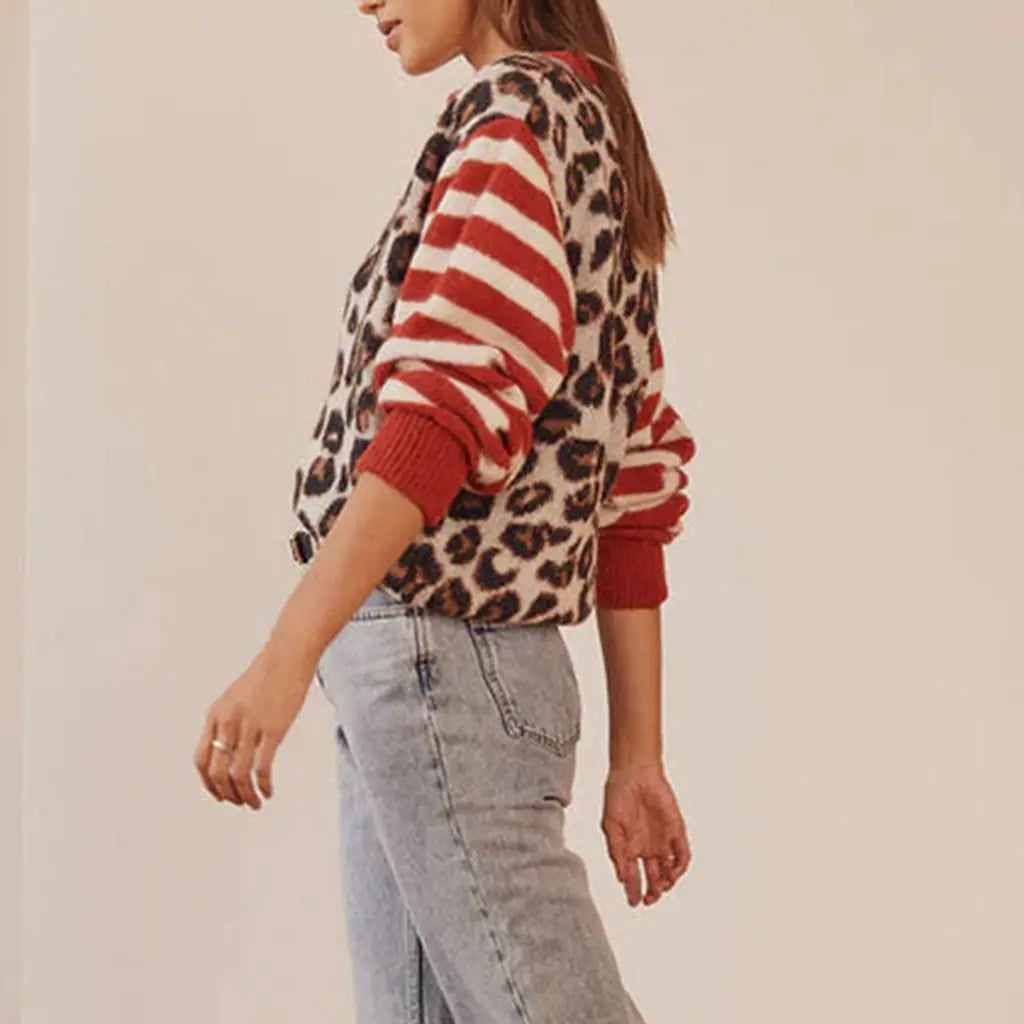 Signe | Women's Leopard Print Crew Neck Cardigan
