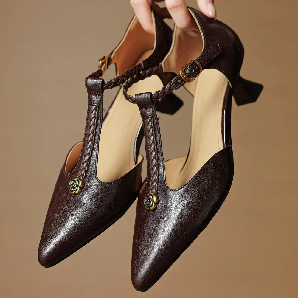 Vidalia | Women's Pointed-Toe T-Strap Leather Heels, image 2