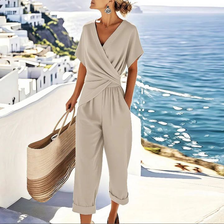 Damen-Jumpsuit mit kurzen Ärmeln und V-Ausschnitt – Lässiger Overall mit weitem Bein
