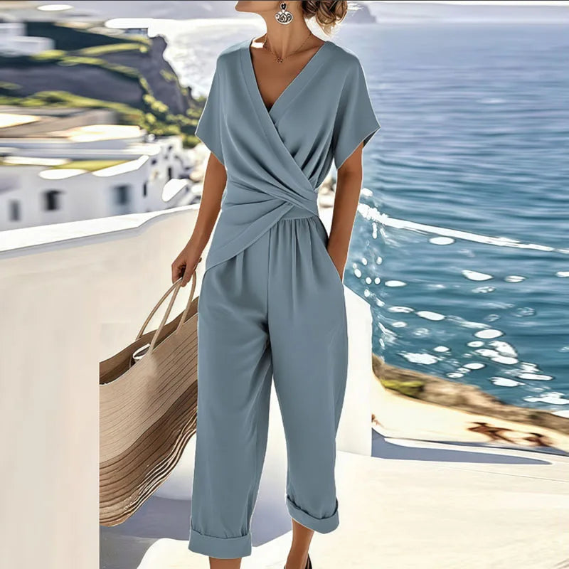 Damen-Jumpsuit mit kurzen Ärmeln und V-Ausschnitt – Lässiger Overall mit weitem Bein