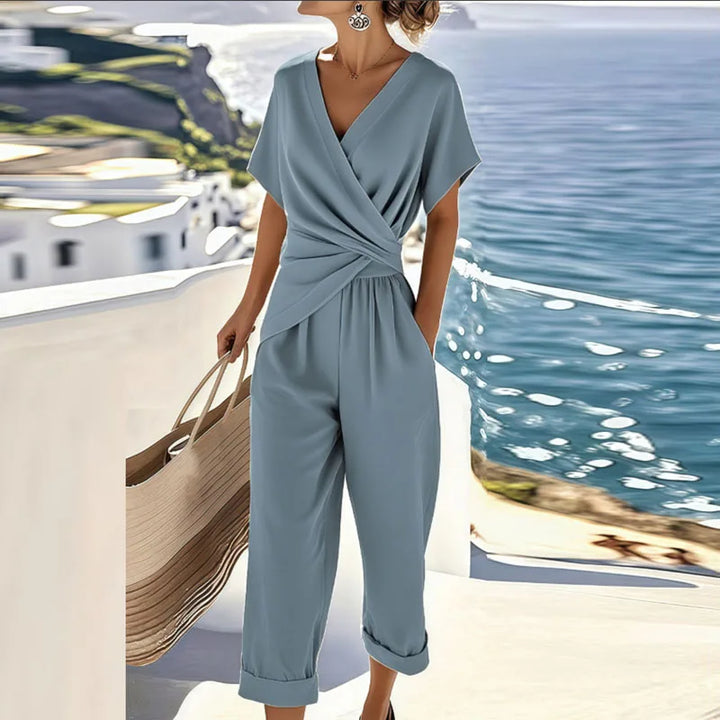 Damen-Jumpsuit mit kurzen Ärmeln und V-Ausschnitt – Lässiger Overall mit weitem Bein