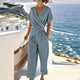 Damen-Jumpsuit mit kurzen Ärmeln und V-Ausschnitt – Lässiger Overall mit weitem Bein