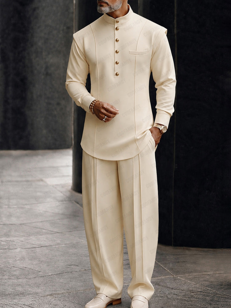 Rupert | Men's Mandarin Collar Two-Piece Set for Everyday Wear in Beige