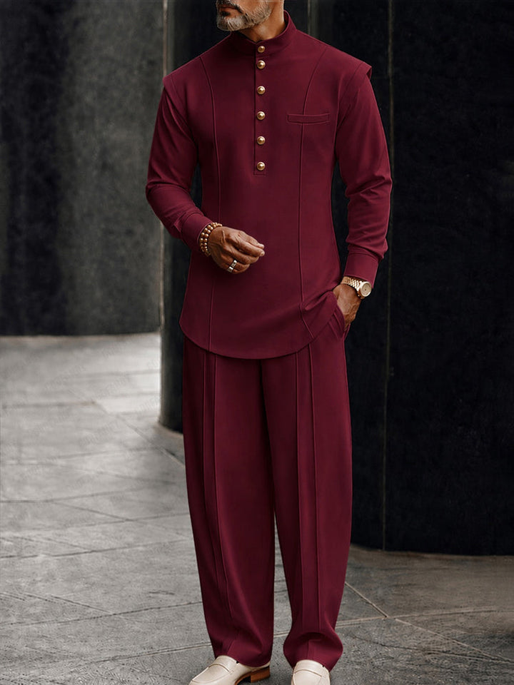 Rupert | Men's Mandarin Collar Two-Piece Set for Everyday Wear in Wine Red